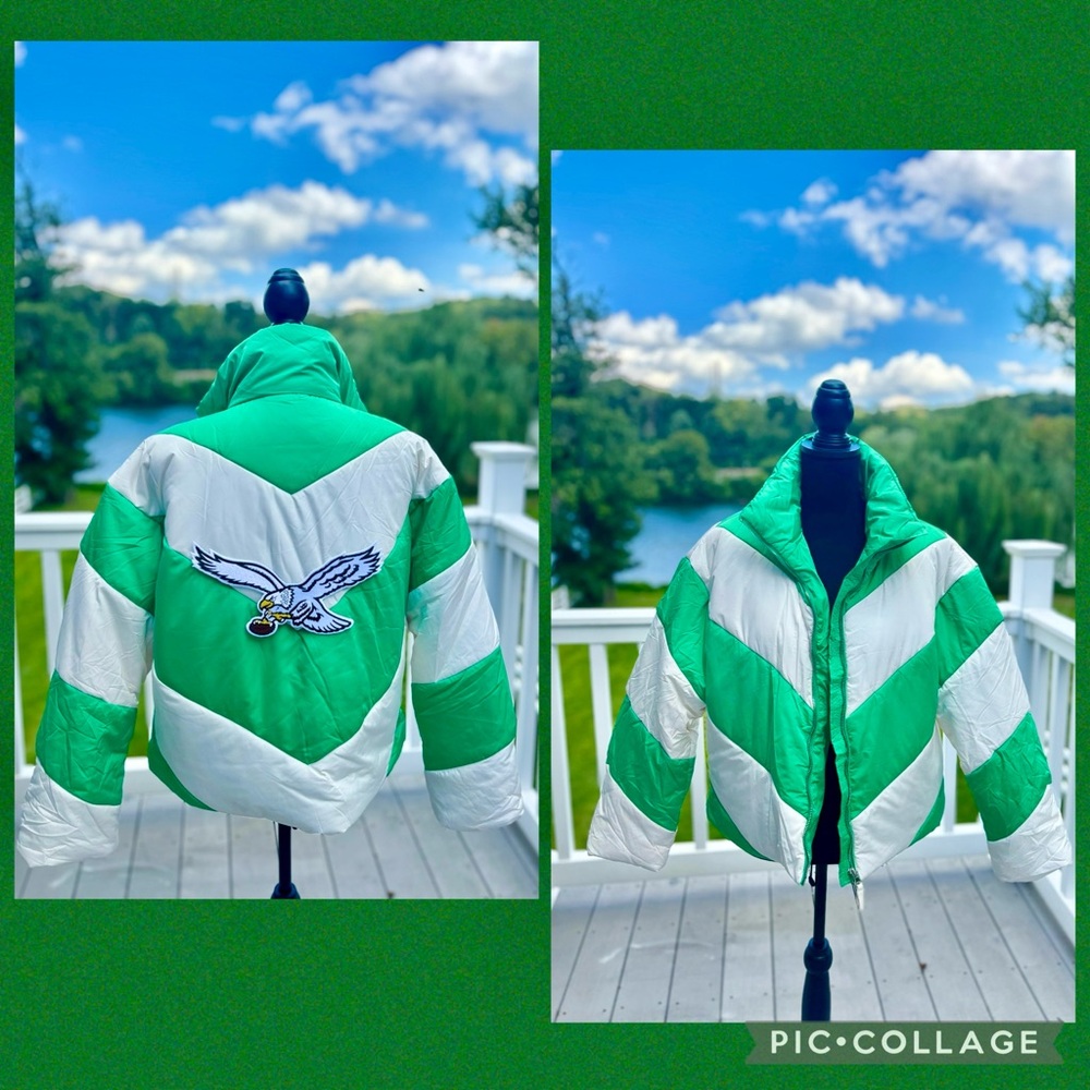 Womens Custom Green and White Puffer Jacket with Eagle Patch
